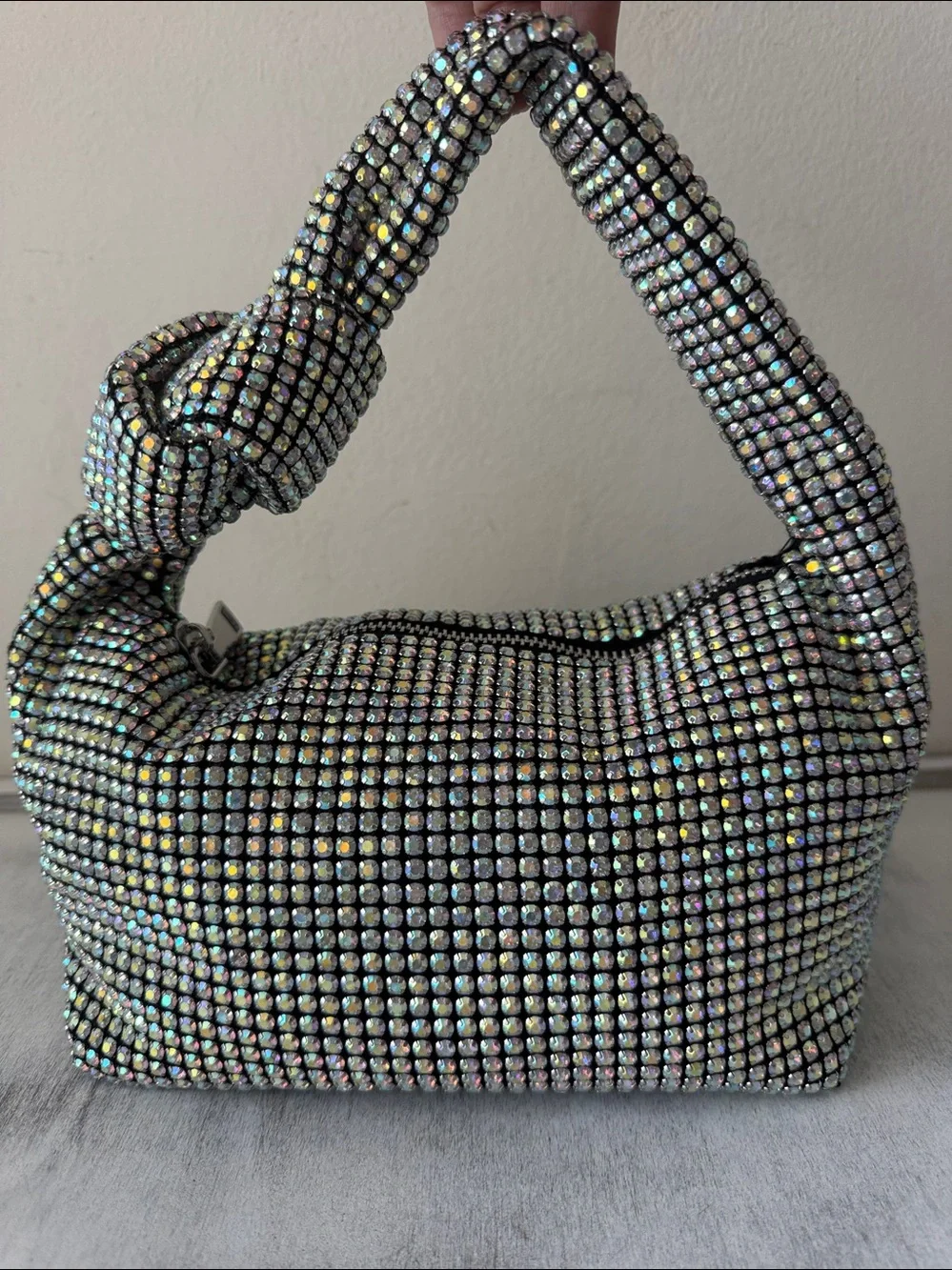 Madison West Knotted Aurora Boraelis Rhinestone Dumpling Evening Handbag